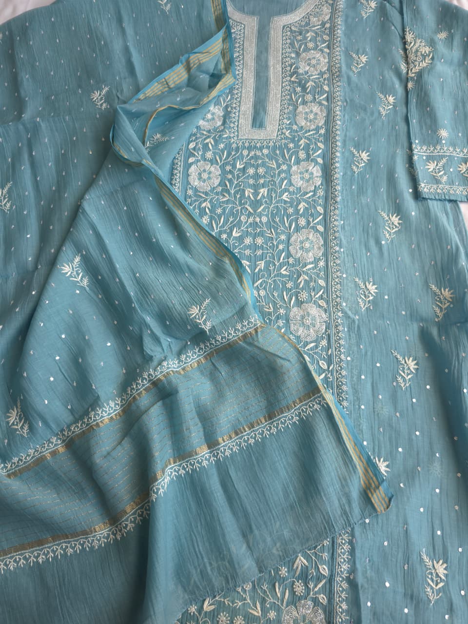 Piegon Blue Mal chanderi Semistitched kurta dupatta set with exquisite chikankari