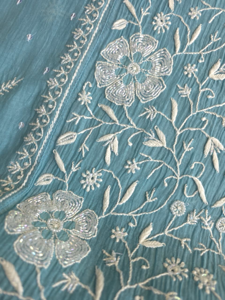 Piegon Blue Mal chanderi Semistitched kurta dupatta set with exquisite chikankari