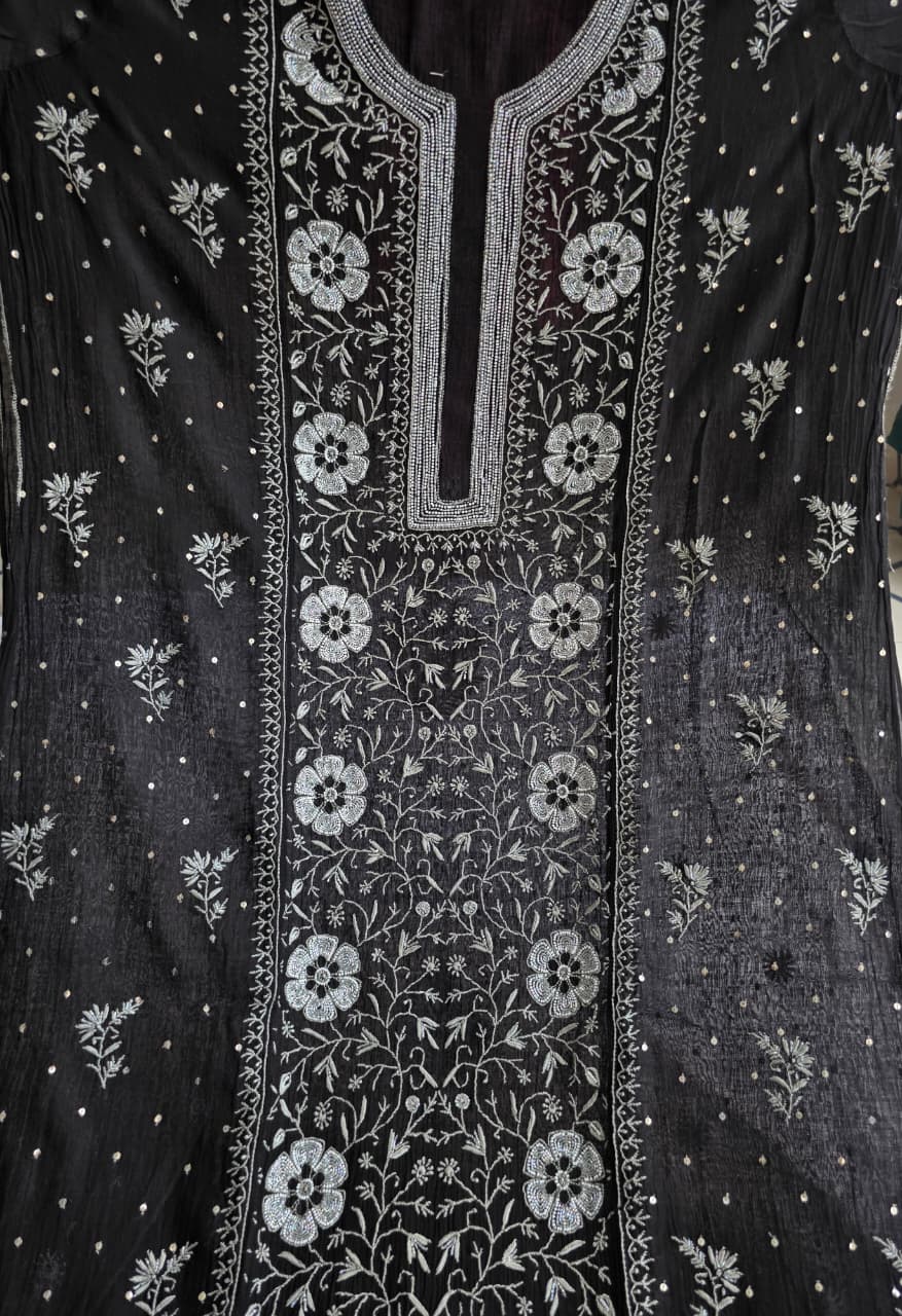 Black Mal chanderi semistitched kurta dupatta with exquisite chikankari