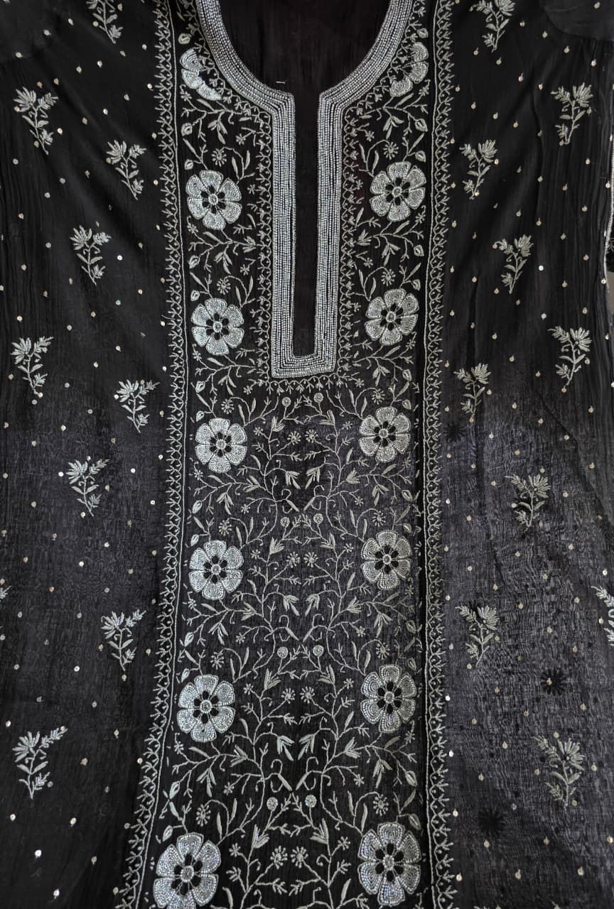 Black Mal chanderi semistitched kurta dupatta with exquisite chikankari