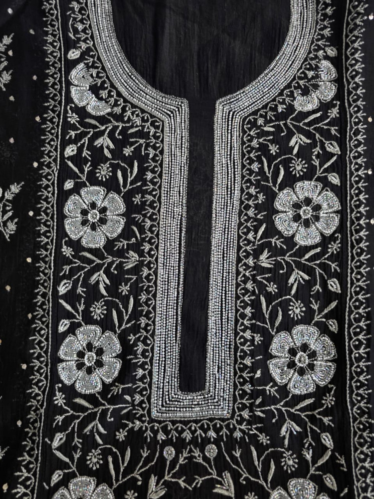 Image of Black Mal chanderi semistitched kurta dupatta with exquisite chikankari