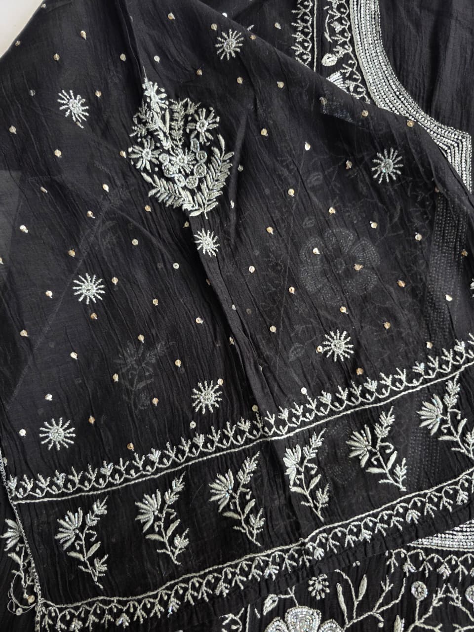 Black Mal chanderi semistitched kurta dupatta with exquisite chikankari