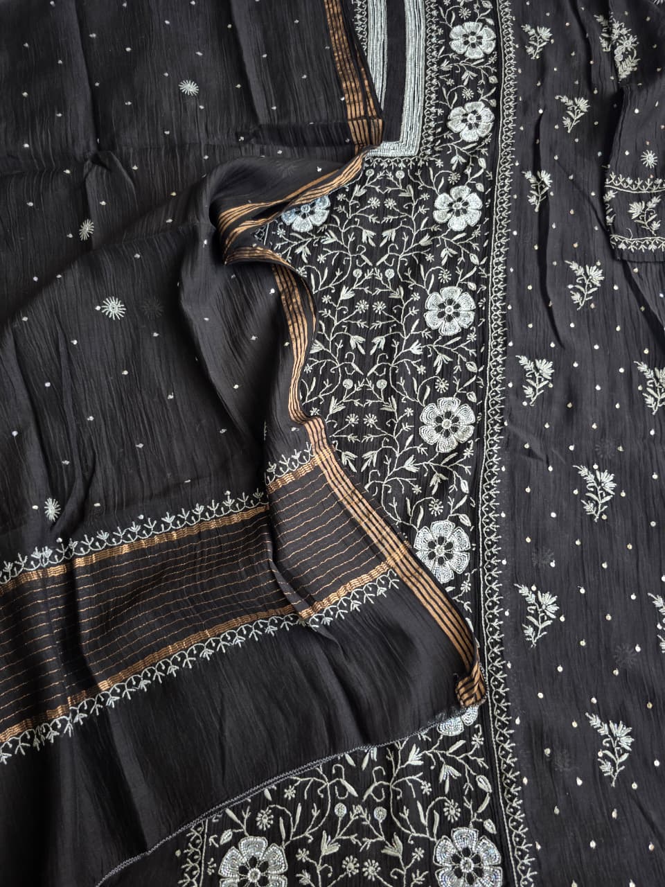 Black Mal chanderi semistitched kurta dupatta with exquisite chikankari