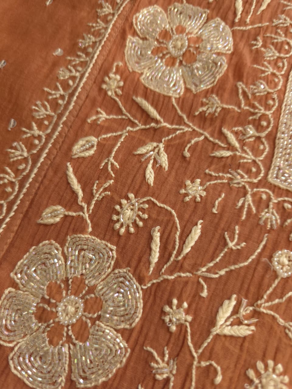 Brown Mal Chanderi Semistitched Kurta dupatta with exquisite chikankari