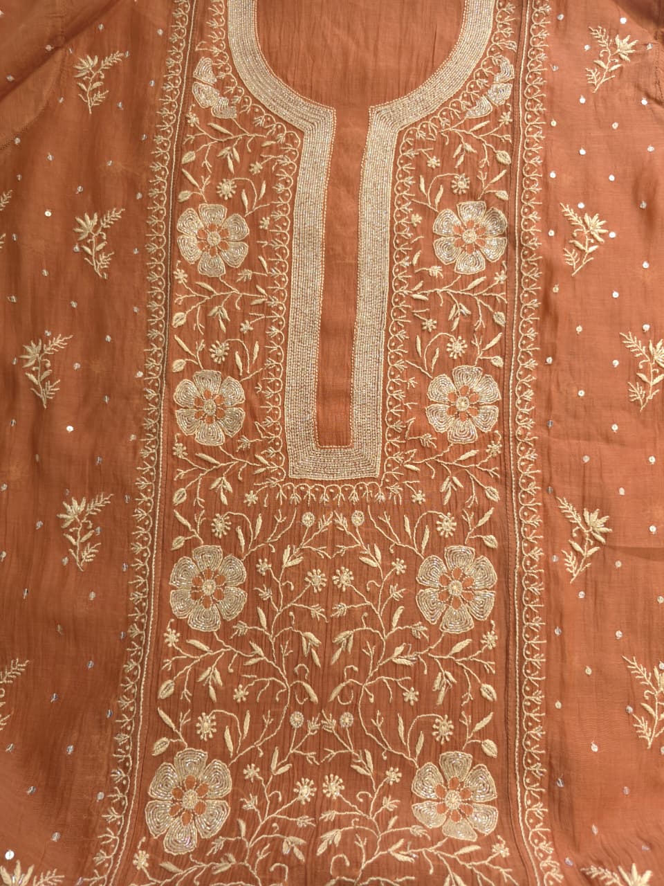 Brown Mal Chanderi Semistitched Kurta dupatta with exquisite chikankari