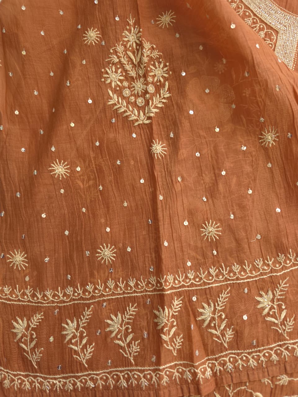 Brown Mal Chanderi Semistitched Kurta dupatta with exquisite chikankari