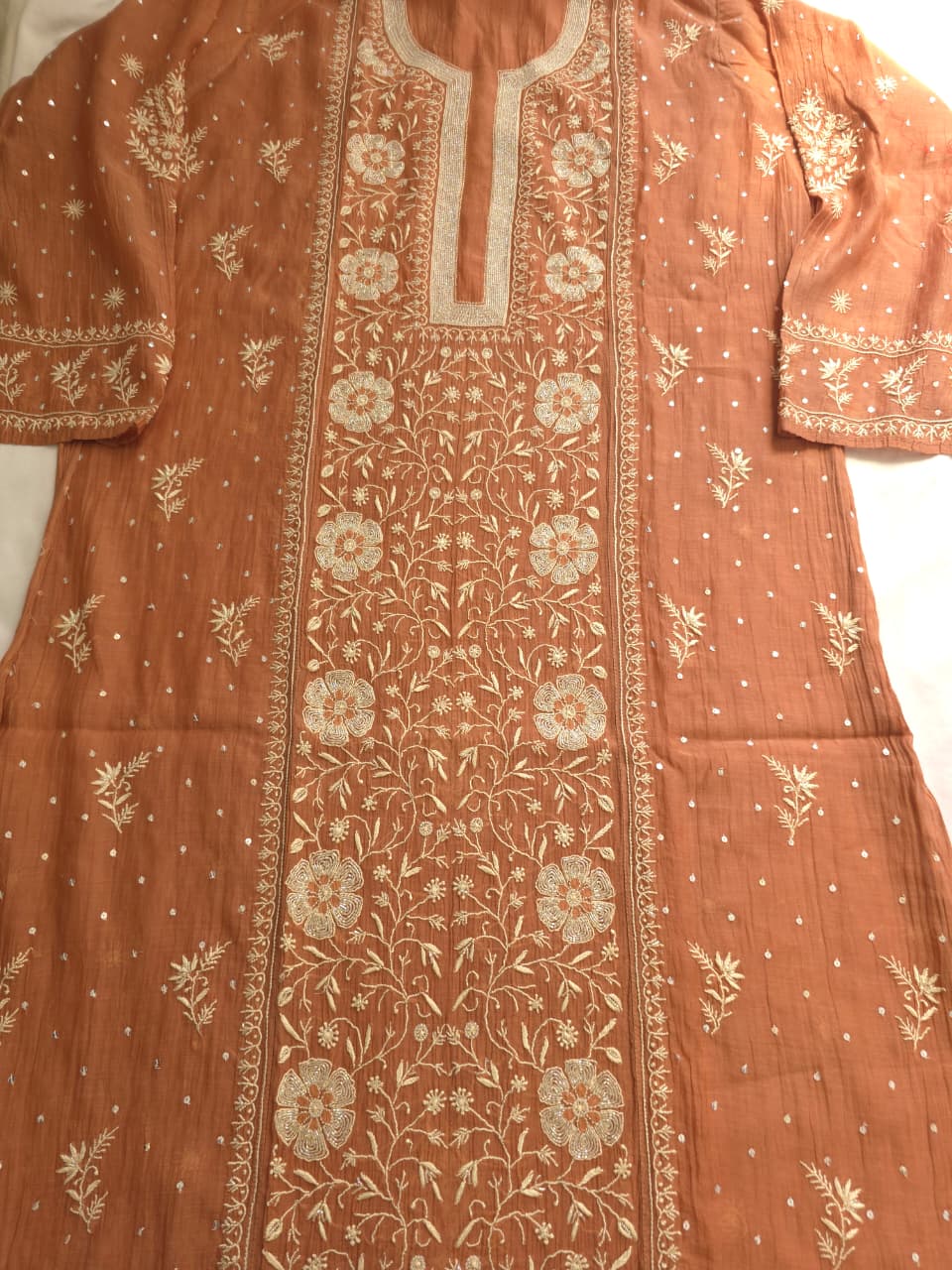 Brown Mal Chanderi Semistitched Kurta dupatta with exquisite chikankari