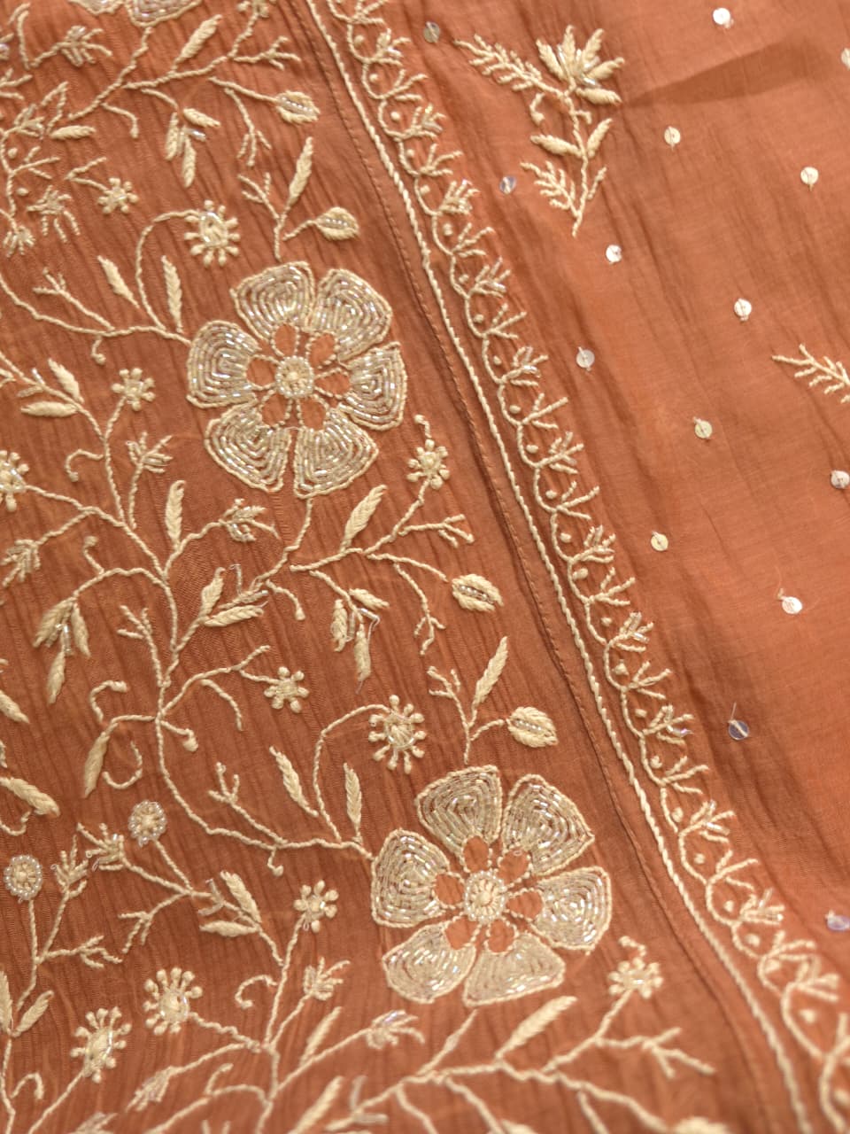 Brown Mal Chanderi Semistitched Kurta dupatta with exquisite chikankari