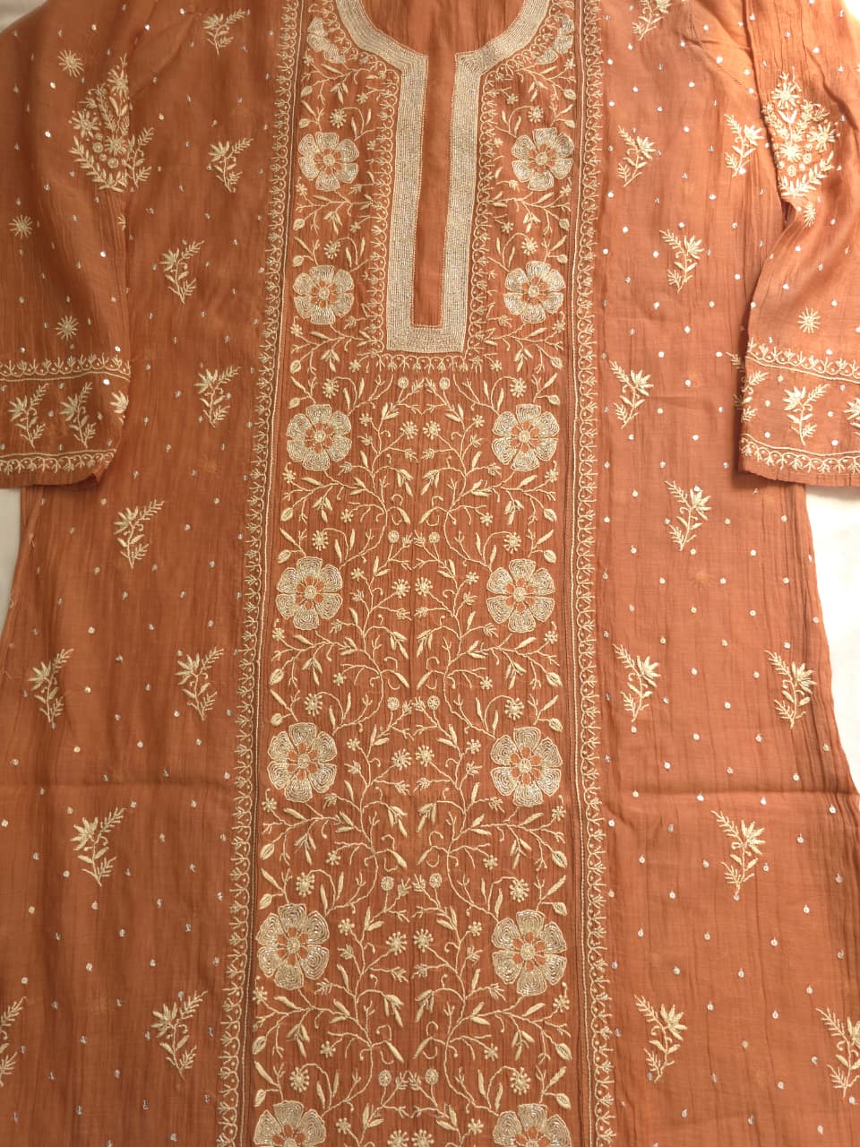 Brown Mal Chanderi Semistitched Kurta dupatta with exquisite chikankari