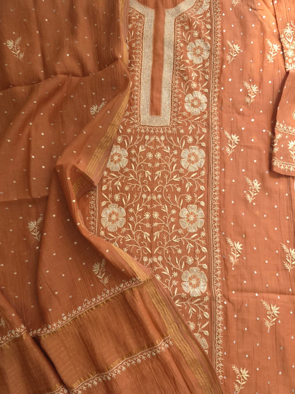Brown Mal Chanderi Semistitched Kurta dupatta with exquisite chikankari