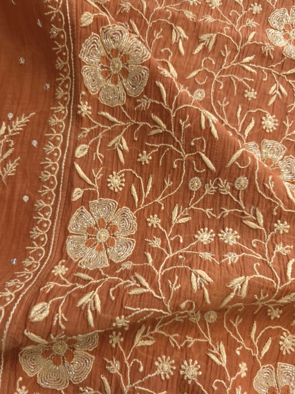 Brown Mal Chanderi Semistitched Kurta dupatta with exquisite chikankari