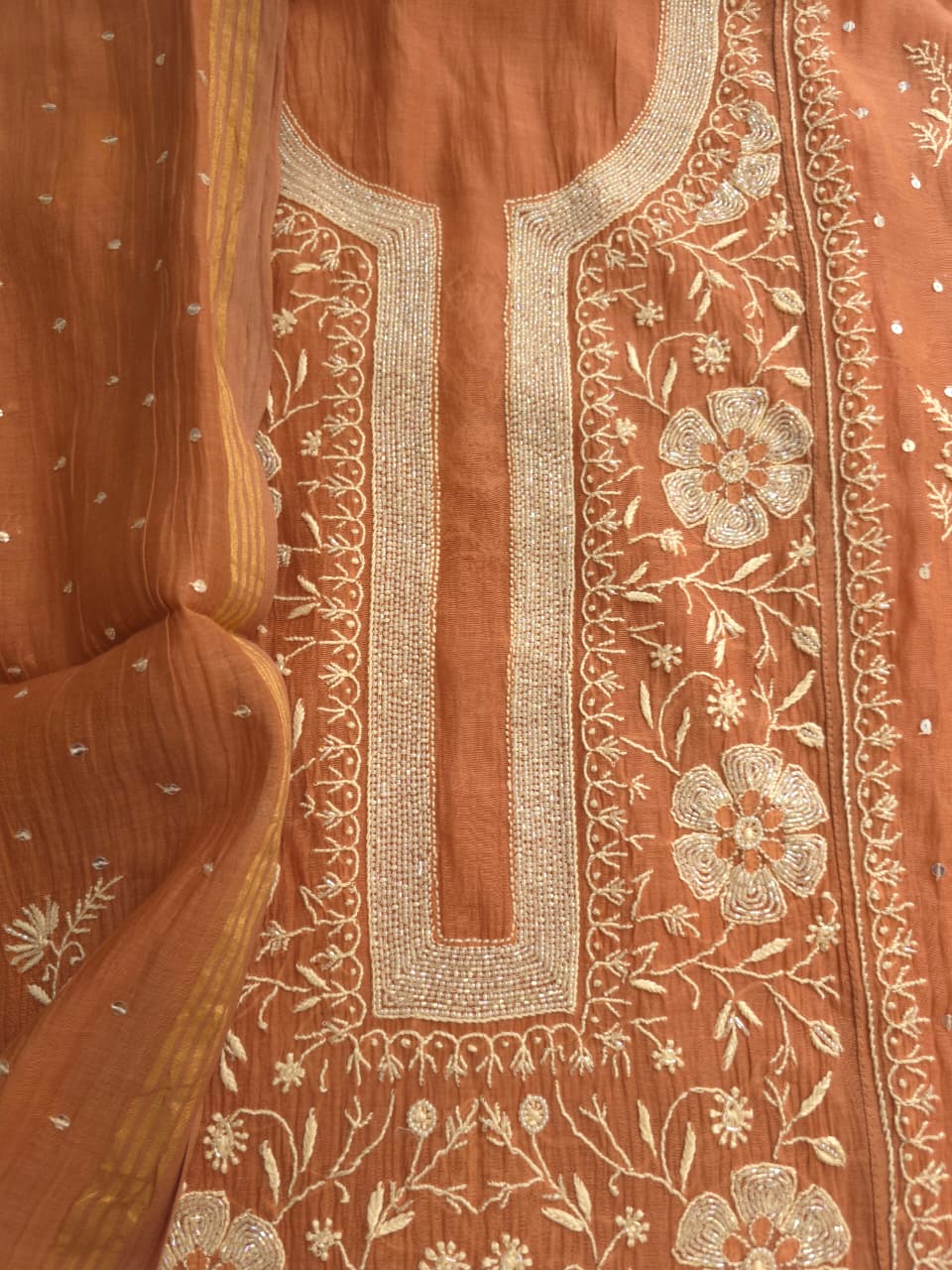 Brown Mal Chanderi Semistitched Kurta dupatta with exquisite chikankari
