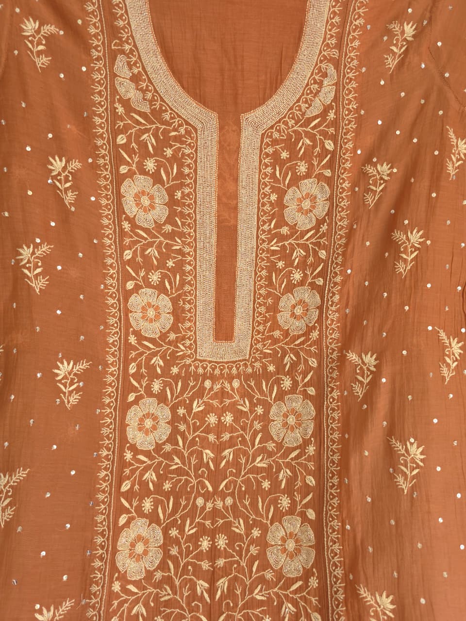 Brown Mal Chanderi Semistitched Kurta dupatta with exquisite chikankari