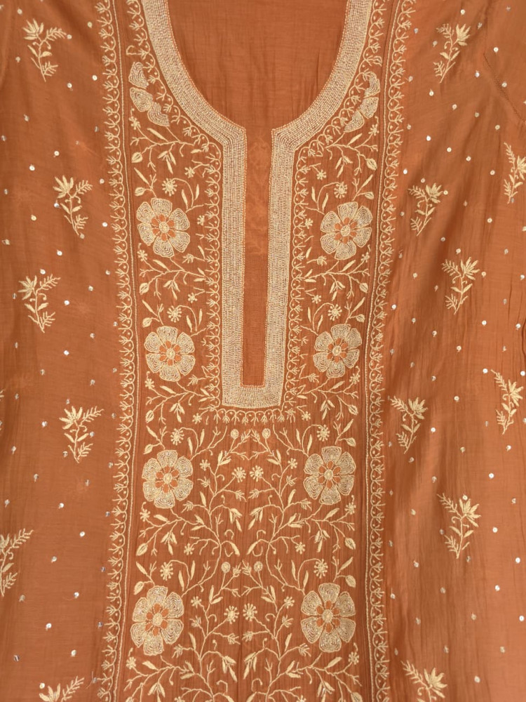 Image of Brown Mal Chanderi Semistitched Kurta dupatta with exquisite chikankari