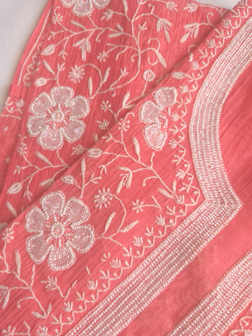 Peachish Pink Mul Chanderi Semistitched kurta Dupatta set with extremely fine Handwork