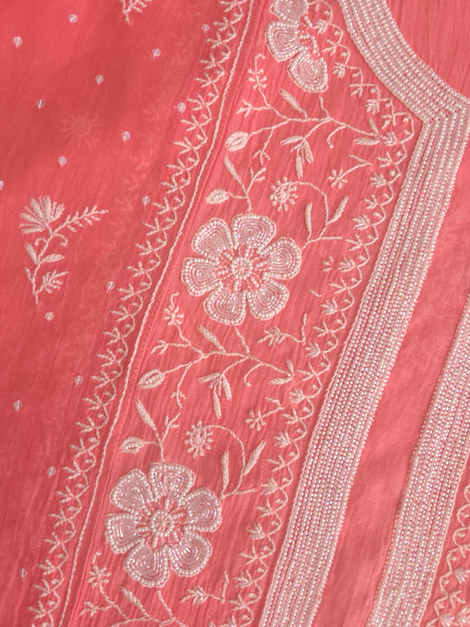Peachish Pink Mul Chanderi Semistitched kurta Dupatta set with extremely fine Handwork