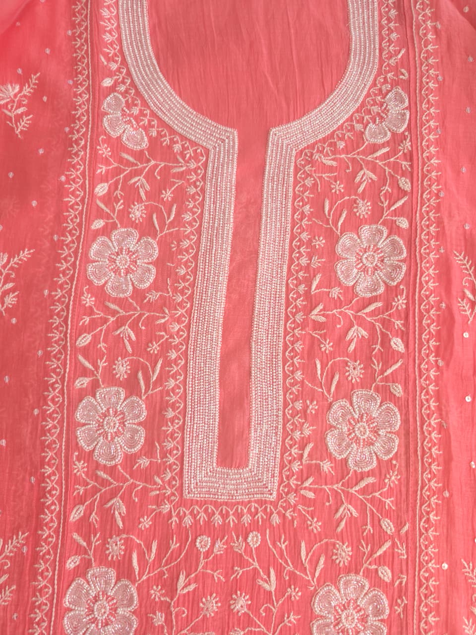 Peachish Pink Mul Chanderi Semistitched kurta Dupatta set with extremely fine Handwork