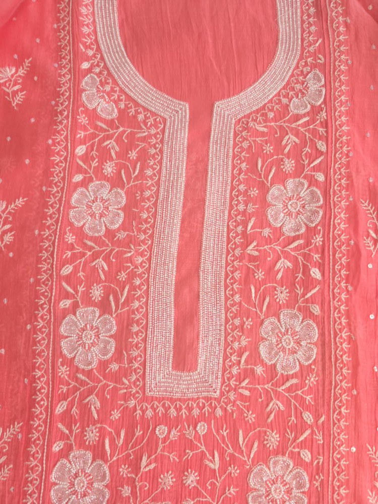 Image of Peachish Pink Mul Chanderi Semistitched kurta &amp; Dupatta set with extremely fine Handwork