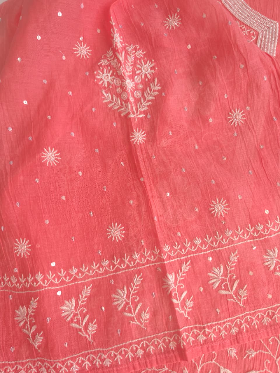 Peachish Pink Mul Chanderi Semistitched kurta Dupatta set with extremely fine Handwork