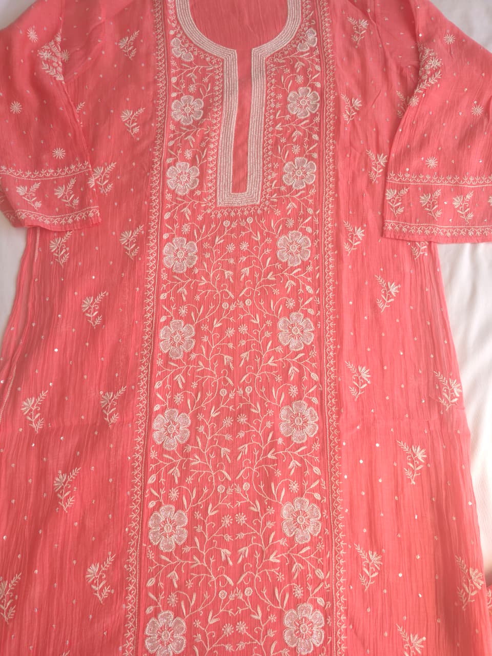 Peachish Pink Mul Chanderi Semistitched kurta Dupatta set with extremely fine Handwork