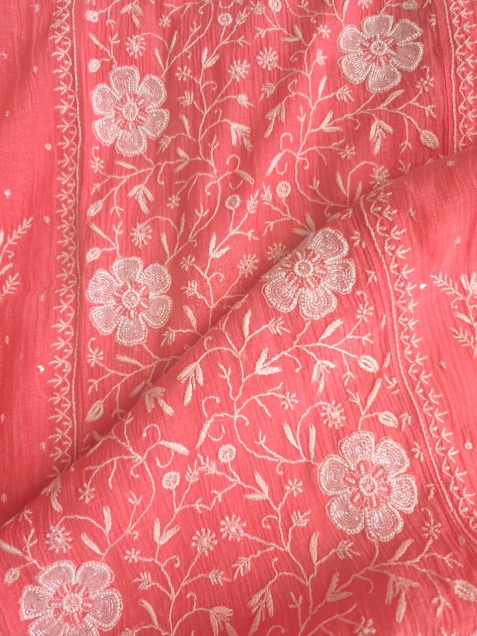 Peachish Pink Mul Chanderi Semistitched kurta Dupatta set with extremely fine Handwork