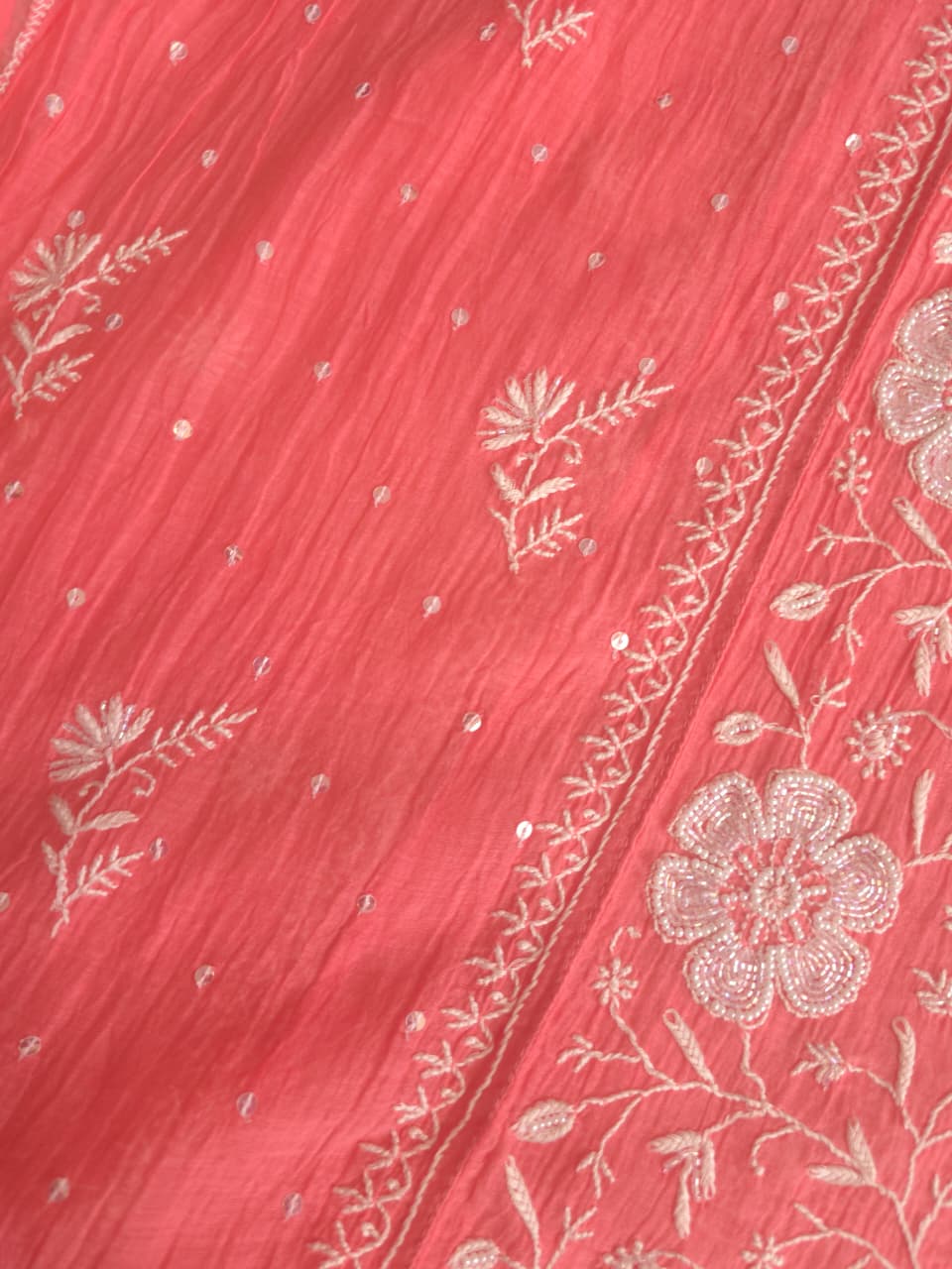 Peachish Pink Mul Chanderi Semistitched kurta Dupatta set with extremely fine Handwork