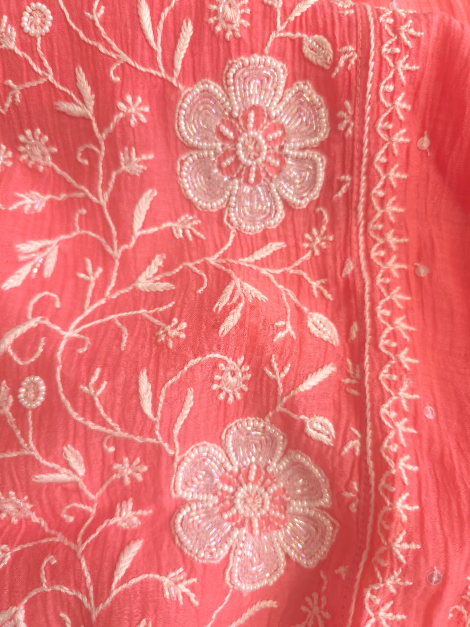 Peachish Pink Mul Chanderi Semistitched kurta Dupatta set with extremely fine Handwork