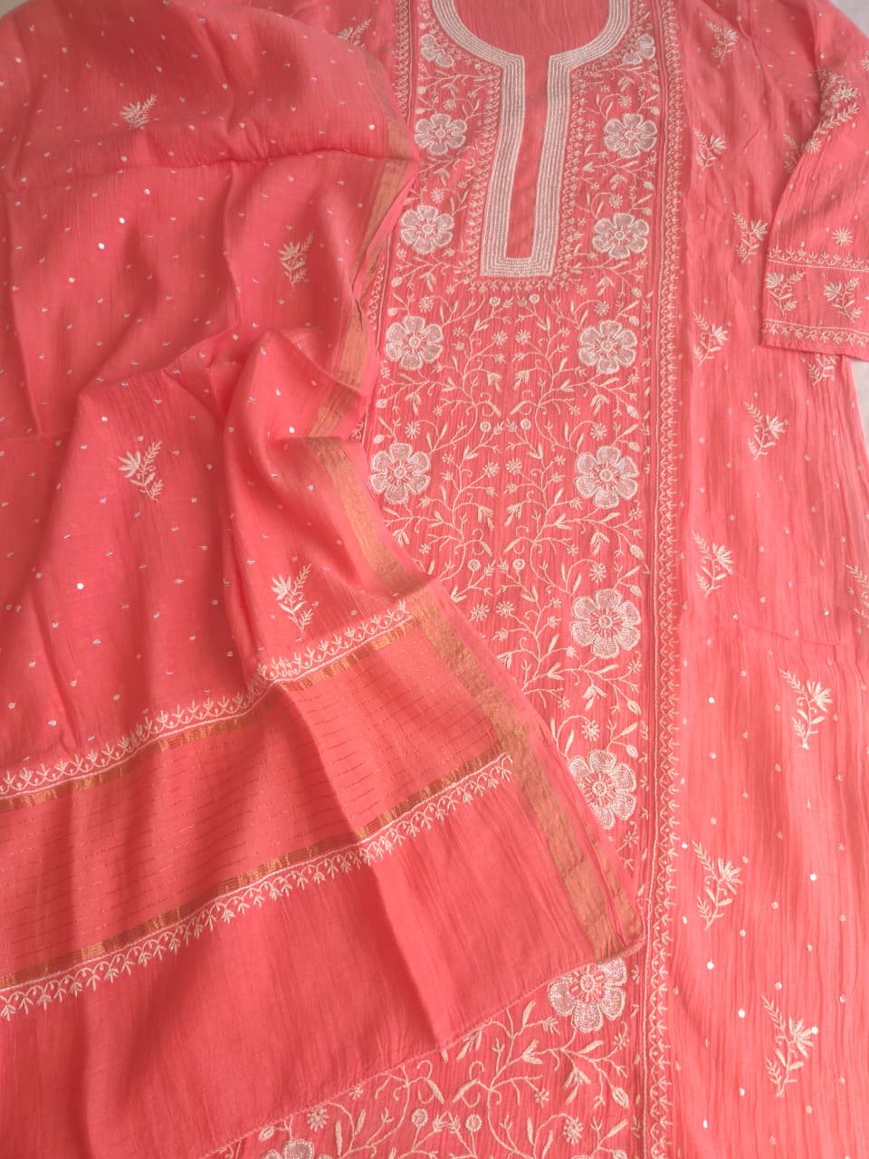 Peachish Pink Mul Chanderi Semistitched kurta Dupatta set with extremely fine Handwork