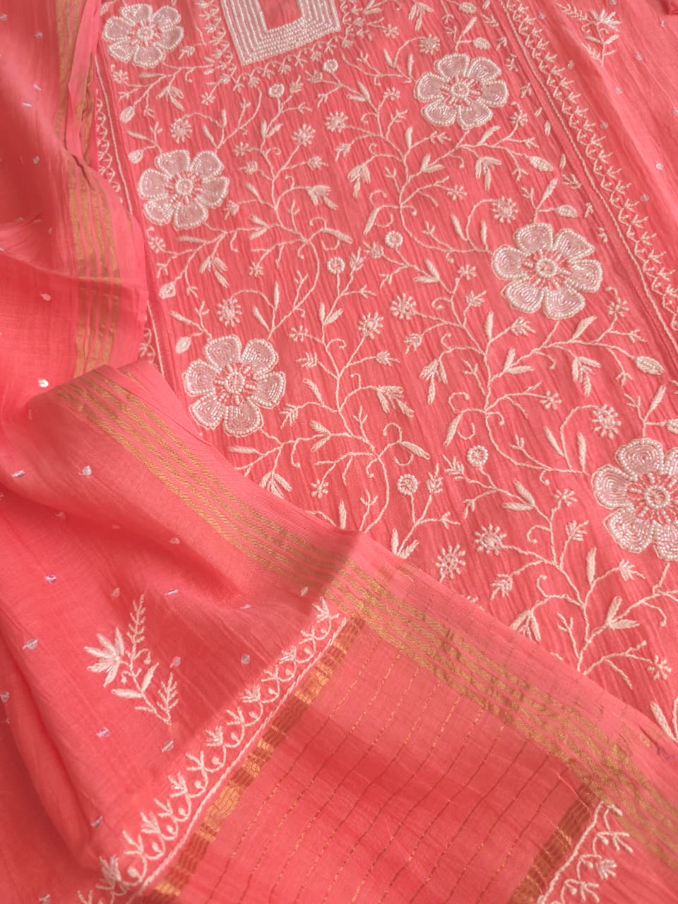 Peachish Pink Mul Chanderi Semistitched kurta Dupatta set with extremely fine Handwork