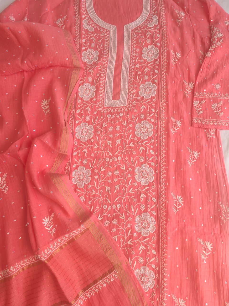 Peachish Pink Mul Chanderi Semistitched kurta Dupatta set with extremely fine Handwork