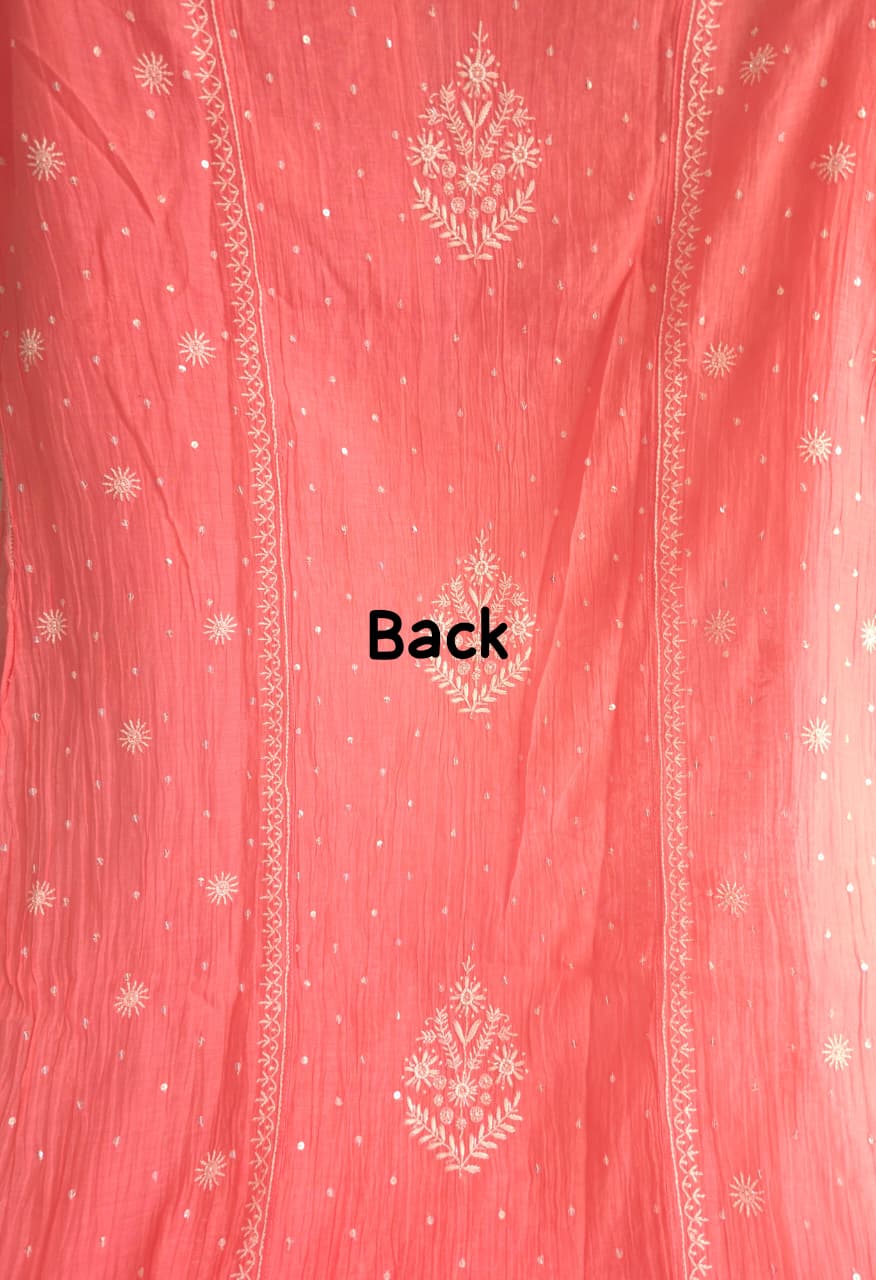 Peachish Pink Mul Chanderi Semistitched kurta Dupatta set with extremely fine Handwork