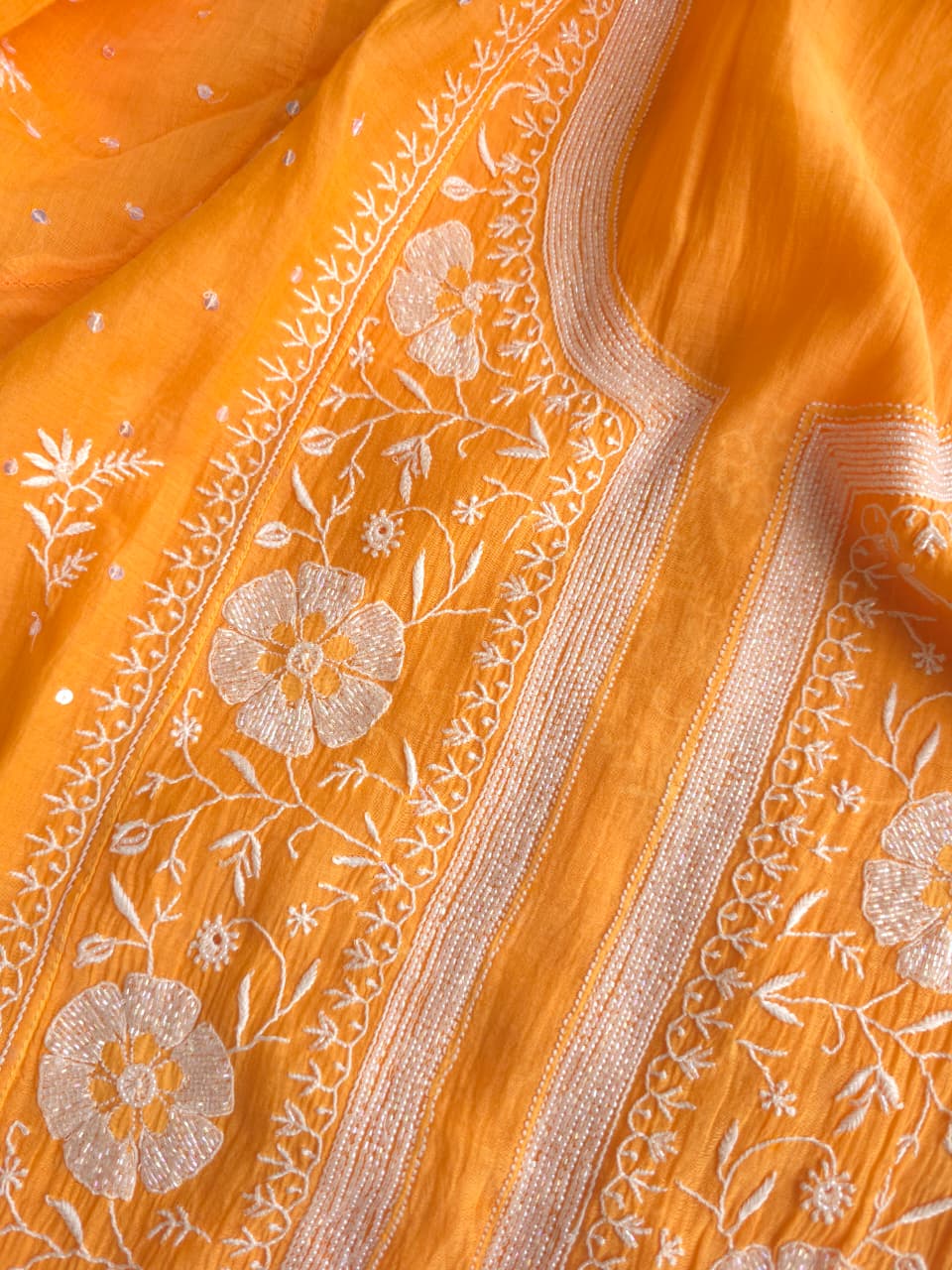 Light Orange Mal chanderi Semistitched Kurta and dupatta set with Exquisite chikankari