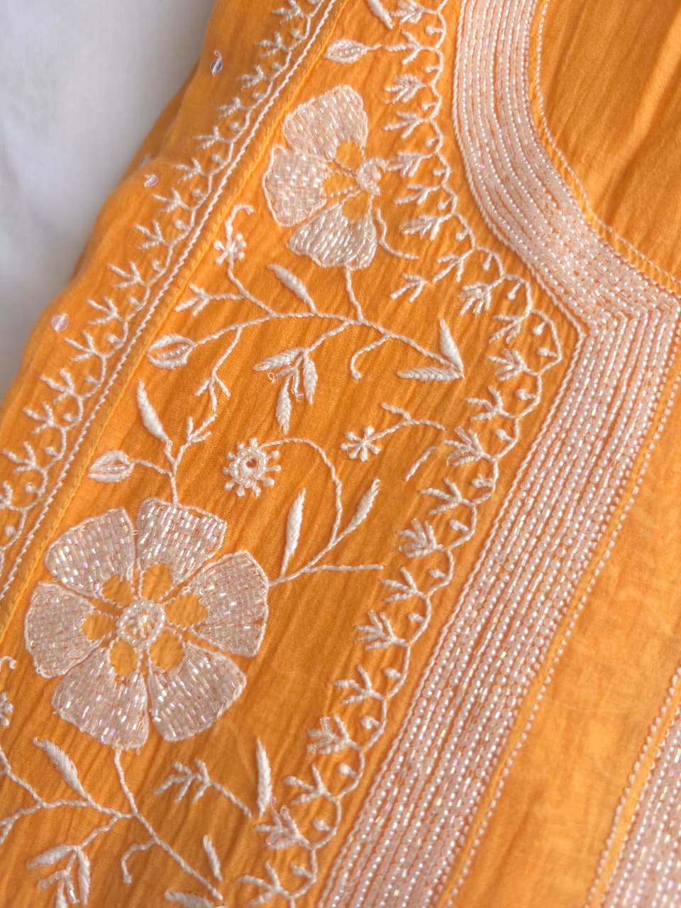 Light Orange Mal chanderi Semistitched Kurta and dupatta set with Exquisite chikankari