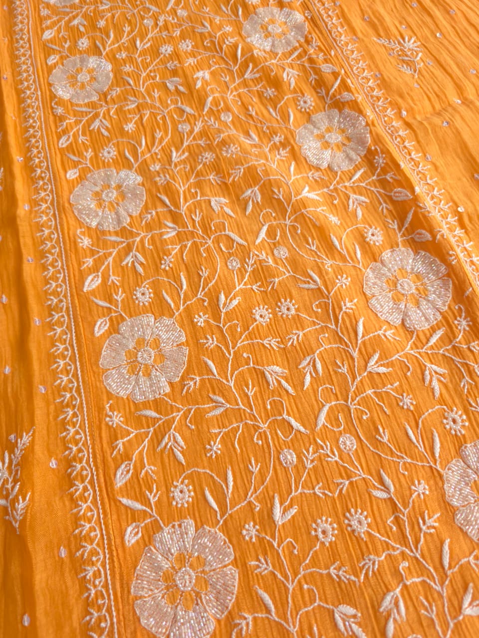 Light Orange Mal chanderi Semistitched Kurta and dupatta set with Exquisite chikankari