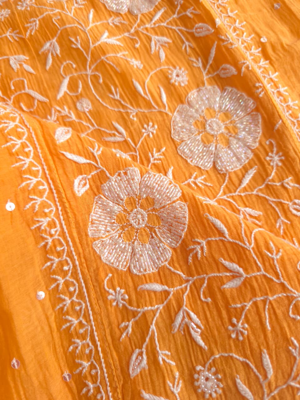 Light Orange Mal chanderi Semistitched Kurta and dupatta set with Exquisite chikankari