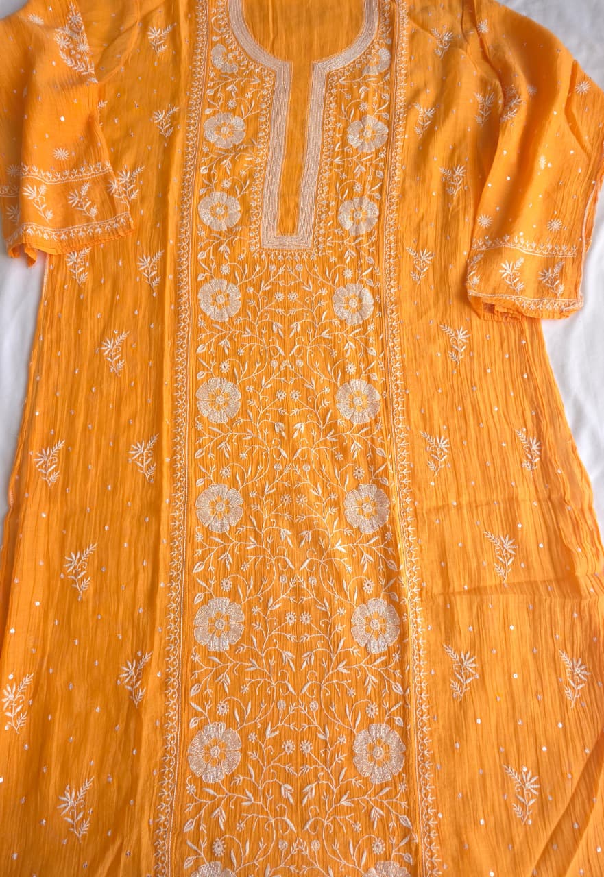 Light Orange Mal chanderi Semistitched Kurta and dupatta set with Exquisite chikankari
