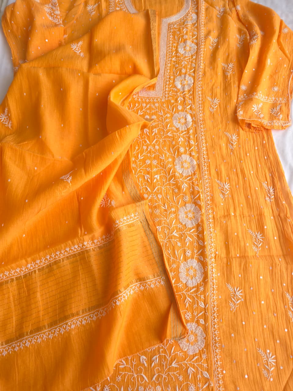 Light Orange Mal chanderi Semistitched Kurta and dupatta set with Exquisite chikankari