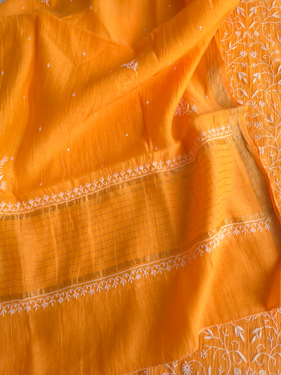 Light Orange Mal chanderi Semistitched Kurta and dupatta set with Exquisite chikankari