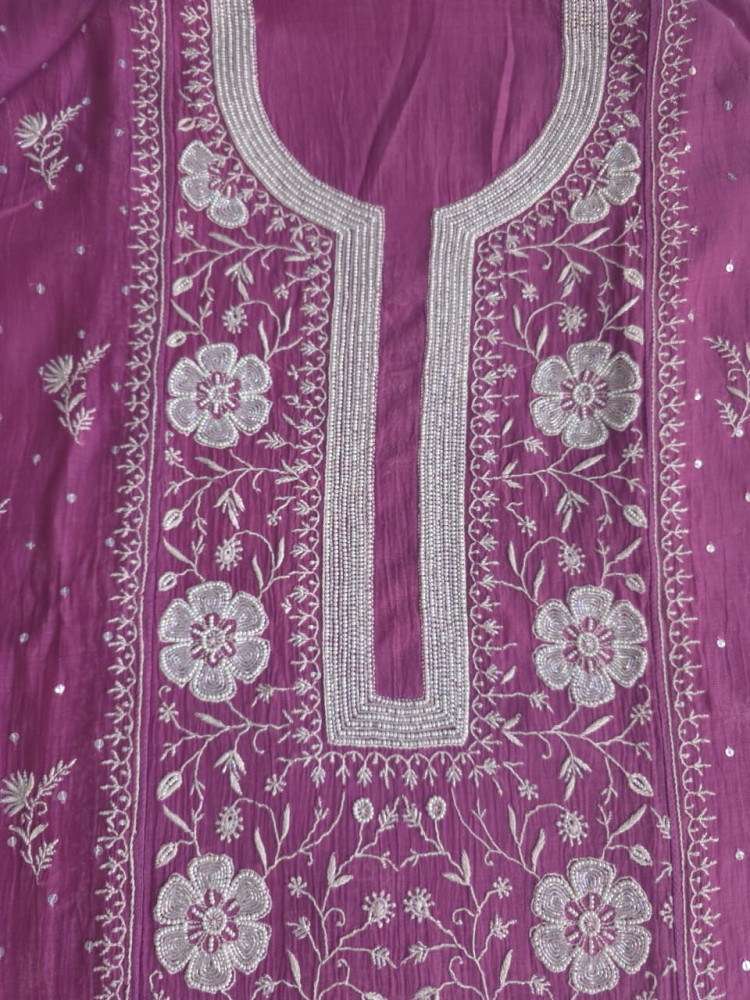Image of Purple Mul chanderi Semistitched kurta and dupatta set with extremely fine chkankari