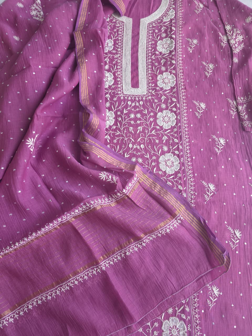 Purple Mul chanderi Semistitched kurta and dupatta set with extremely fine chkankari