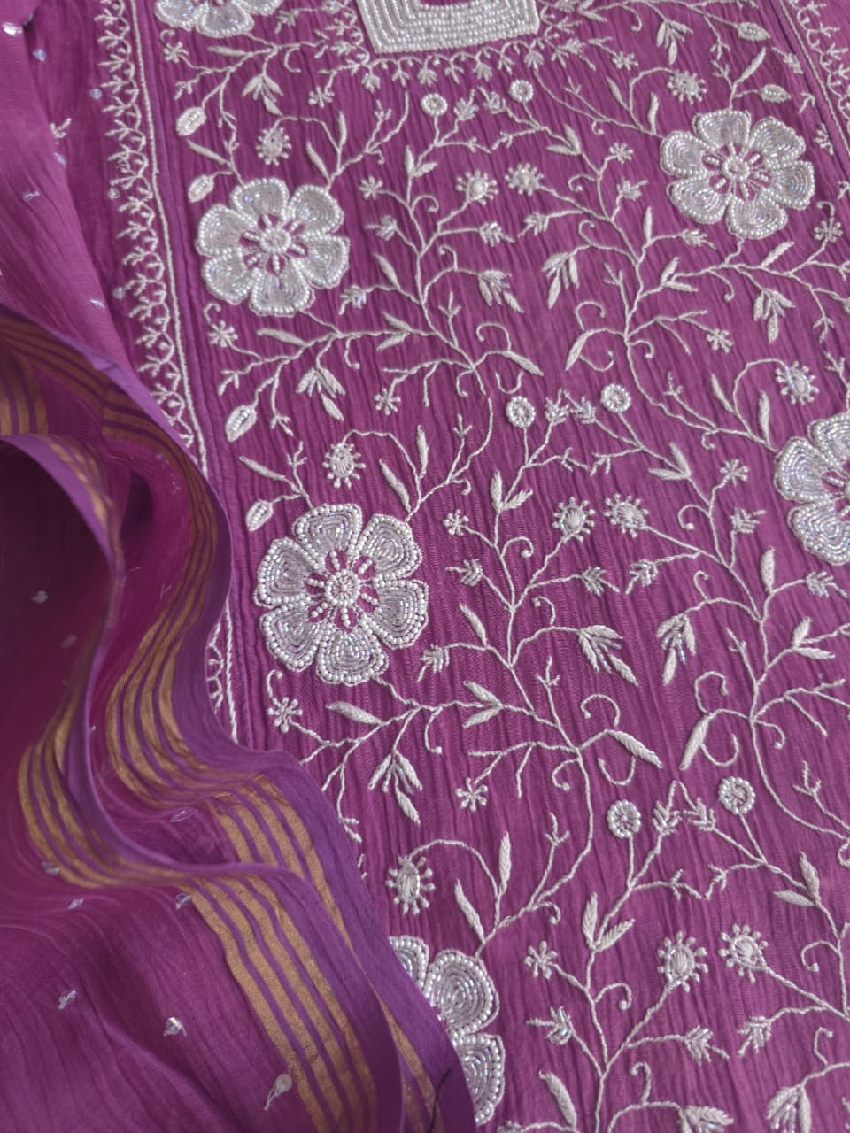 Purple Mul chanderi Semistitched kurta and dupatta set with extremely fine chkankari
