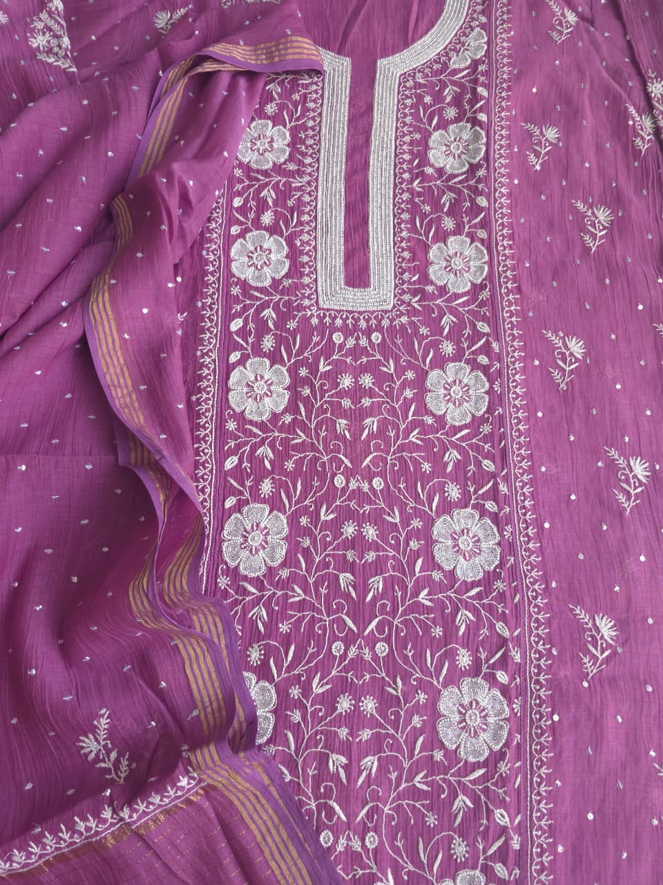 Purple Mul chanderi Semistitched kurta and dupatta set with extremely fine chkankari