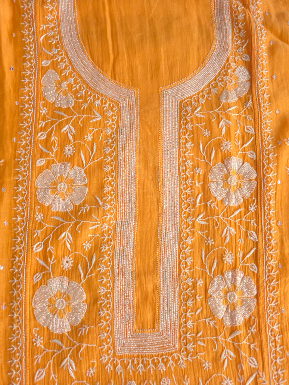 Light Orange Mal chanderi Semistitched Kurta and dupatta set with Exquisite chikankari