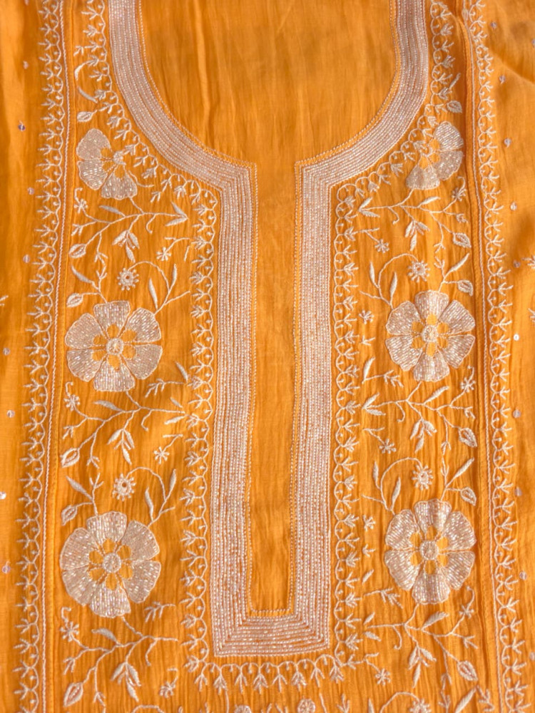 Image of Light Orange Mal chanderi Semistitched Kurta and dupatta set with Exquisite chikankari