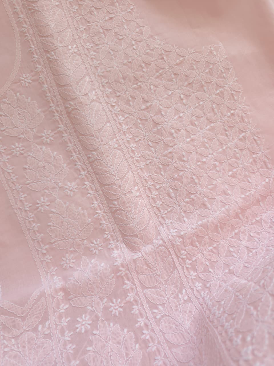 Powder Pink cotton voil unstitched kurta fabric with intricate handwork