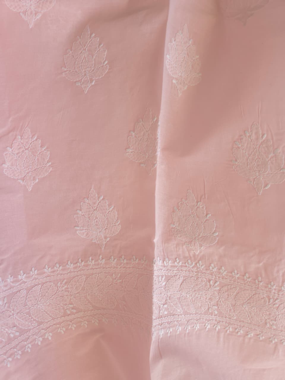 Powder Pink cotton voil unstitched kurta fabric with intricate handwork