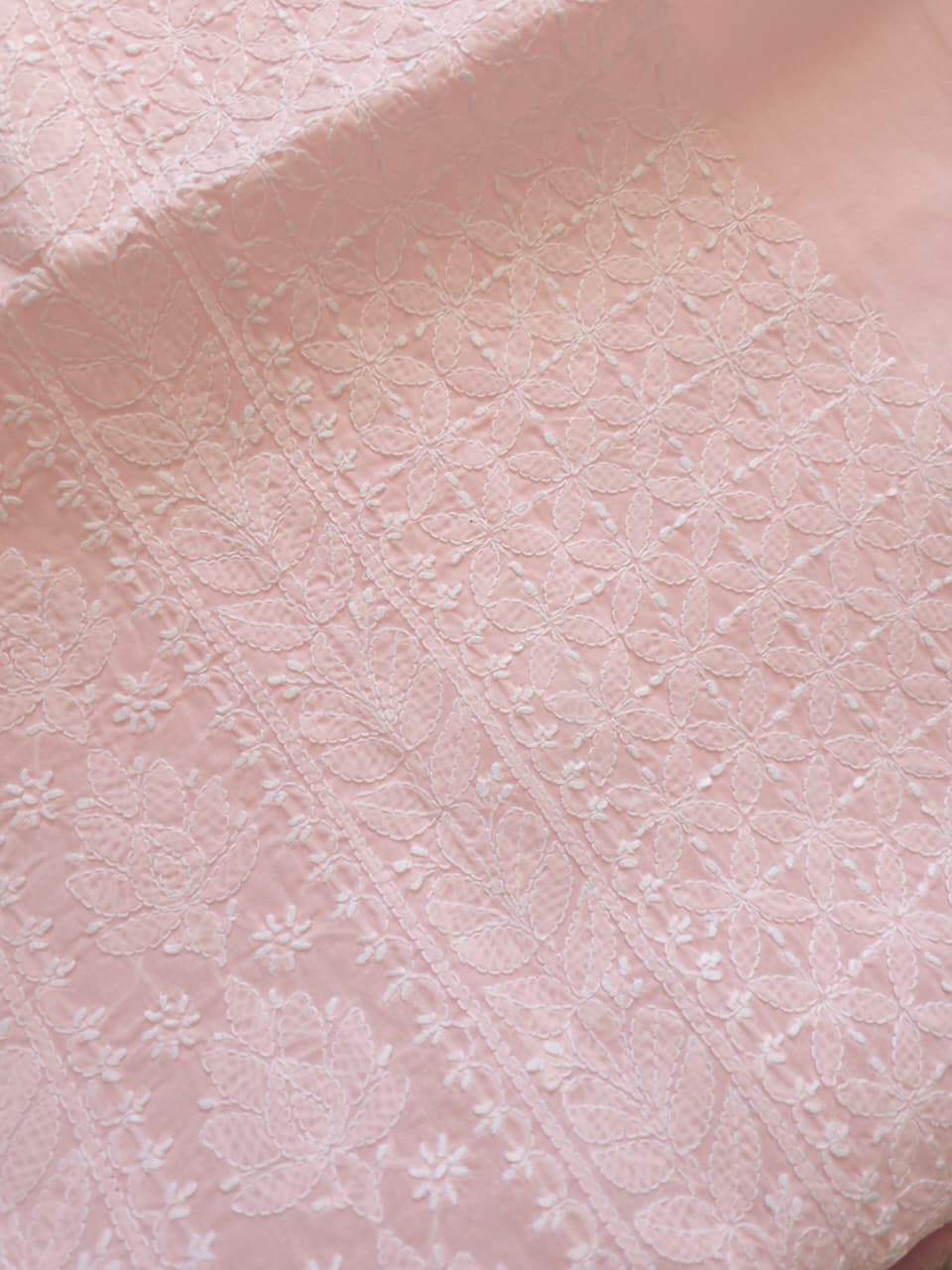 Powder Pink cotton voil unstitched kurta fabric with intricate handwork