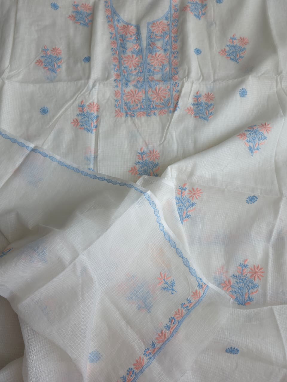 Kota cotton unstitched kurta dupatta with Multicolored fine handwork