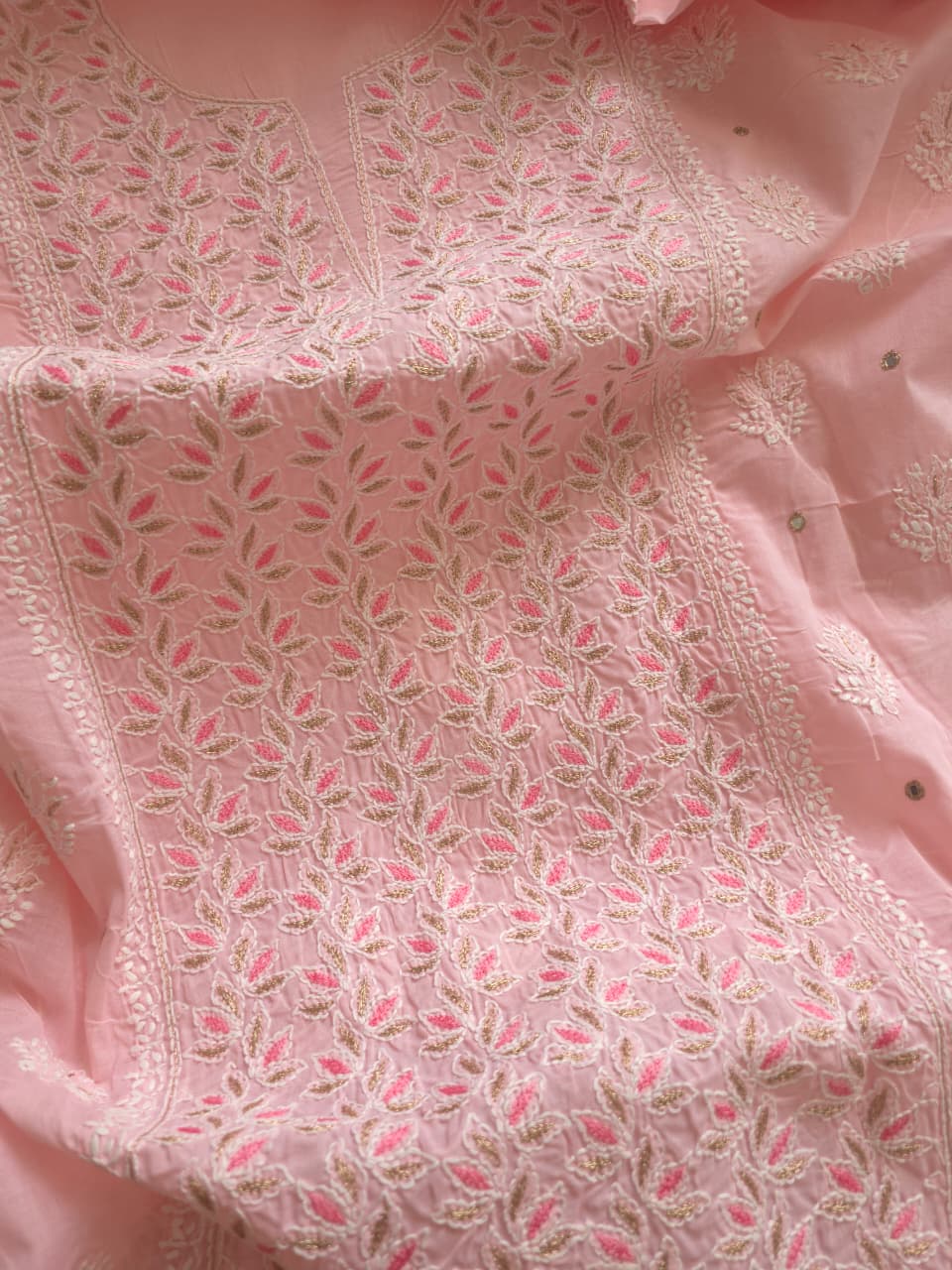 Peachish Pink Cotton Full set with chikankari and Add on