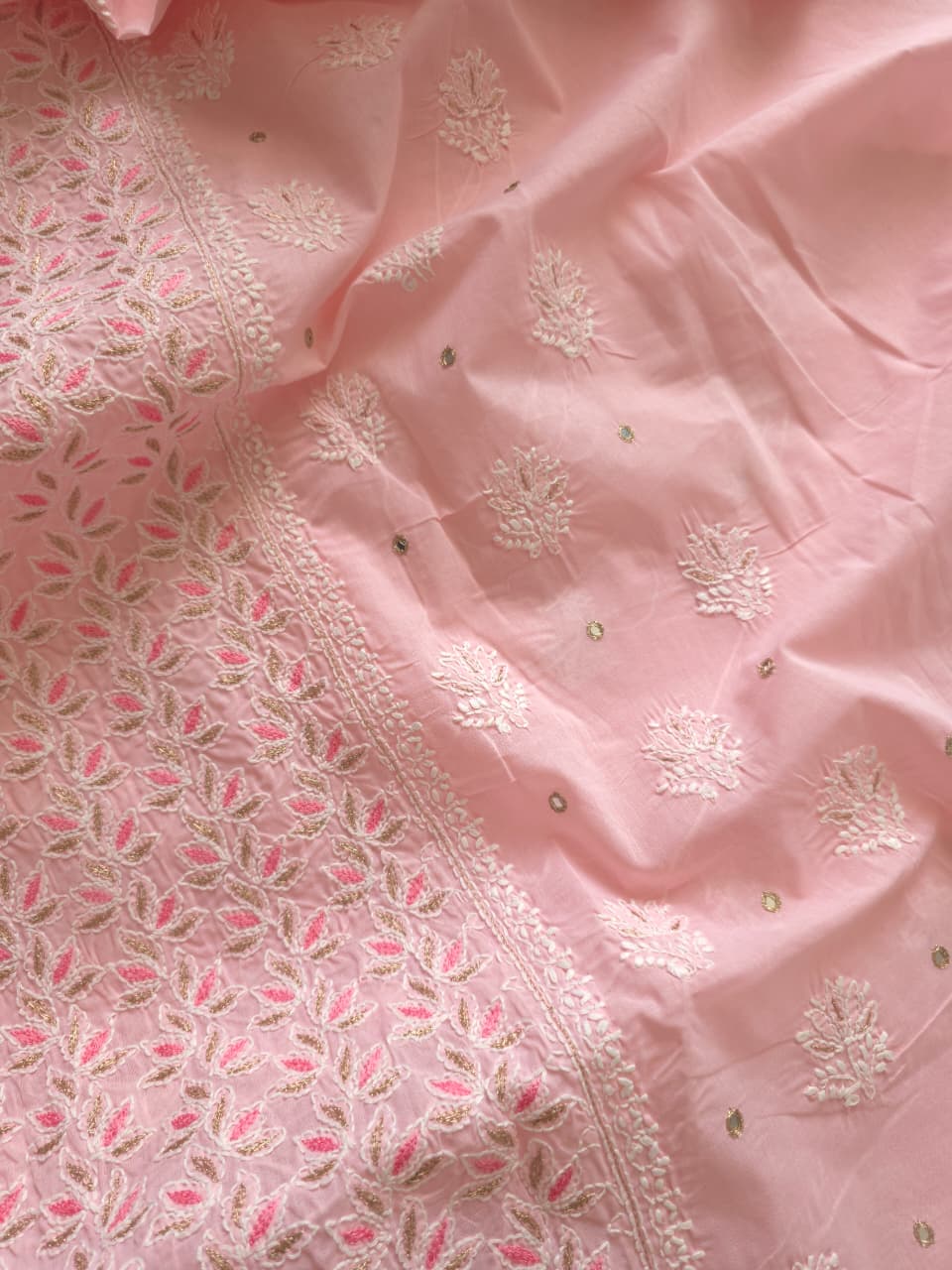 Peachish Pink Cotton Full set with chikankari and Add on